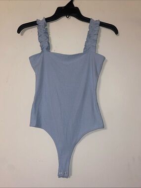 Double Zero Sky Blue Ribbed Ruffle-Strap Bodysuit